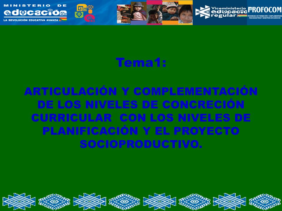 Tema1: ARTICULACIÓN Y COMPLEMENTACIÓN DE LOS NIVELES DE CONCRECIÓN CURRICULAR CON LOS NIVELES DE PLANIFICACIÓN Y EL PROYECTO SOCIOPRODUCTIVO.