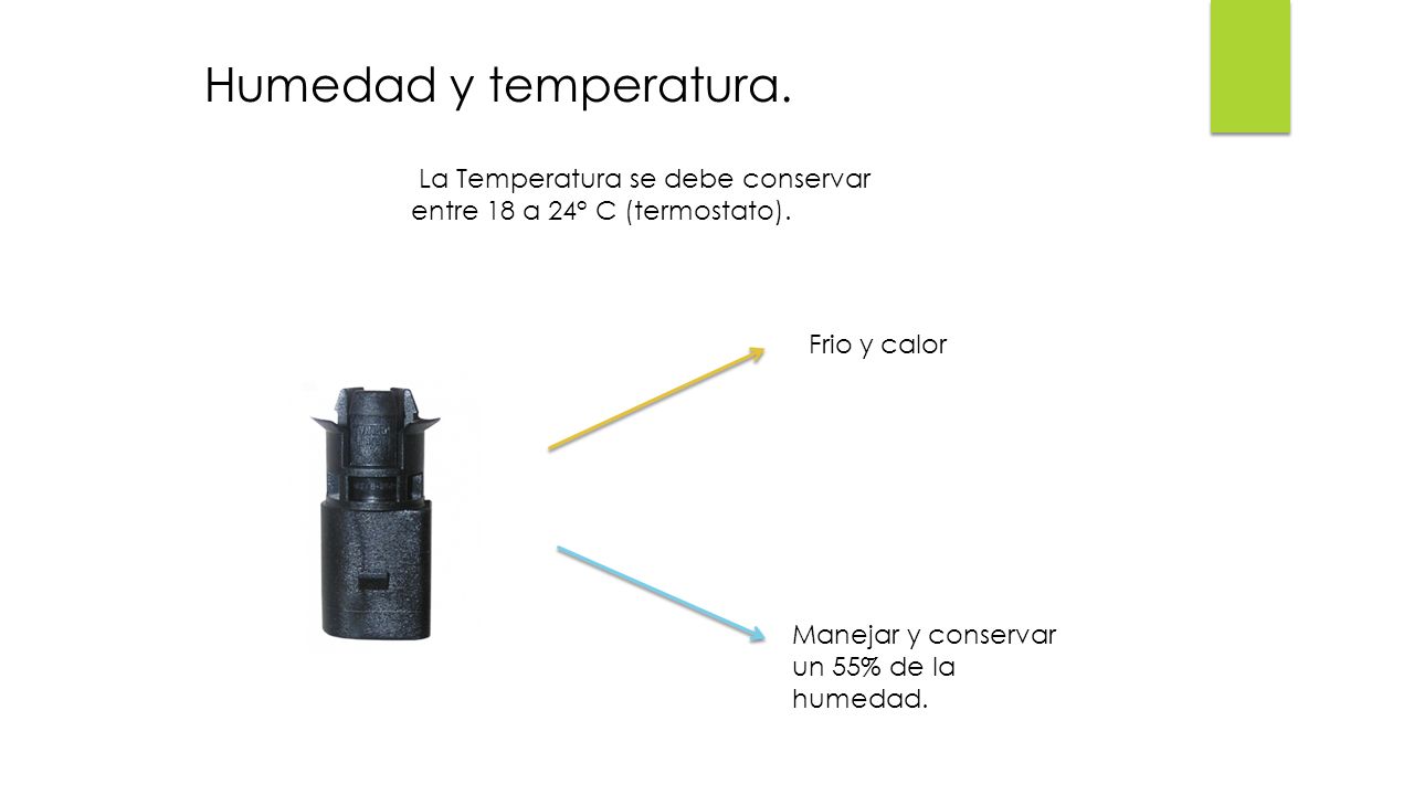 Humedad y temperatura. La Temperatura se debe conservar entre 18 a 24° C (termostato). Frio y calor.