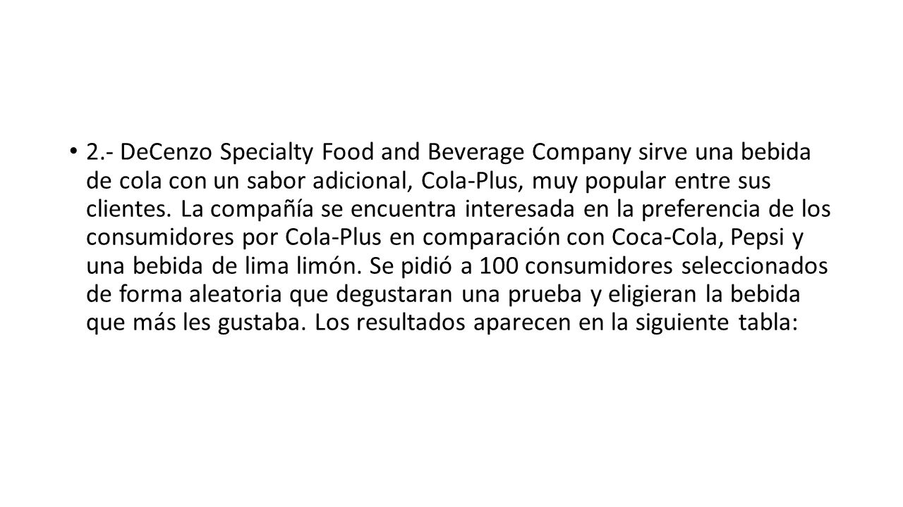 2.- DeCenzo Specialty Food and Beverage Company sirve una bebida de cola con un sabor adicional, Cola-Plus, muy popular entre sus clientes.