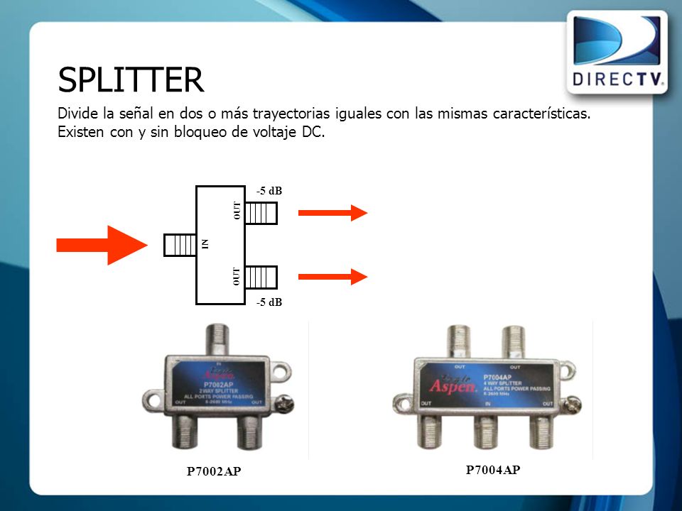 SPLITTER Divide la señal en dos o más trayectorias iguales con las mismas características. Existen con y sin bloqueo de voltaje DC.
