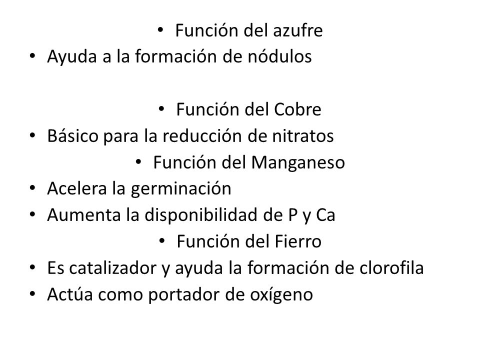 Función del azufre Ayuda a la formación de nódulos. Función del Cobre. Básico para la reducción de nitratos.