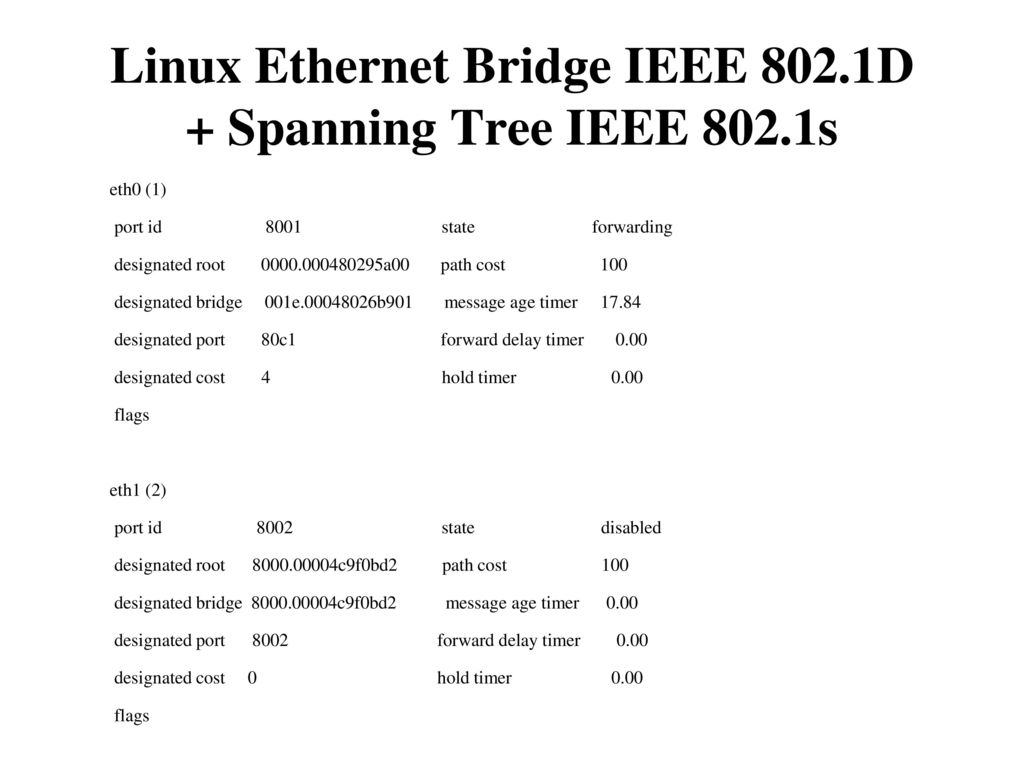 Linux Ethernet Bridge IEEE 802.1D + Spanning Tree IEEE 802.1s