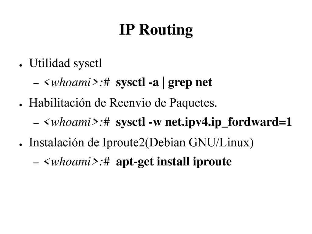 IP Routing Utilidad sysctl <whoami>:# sysctl -a | grep net