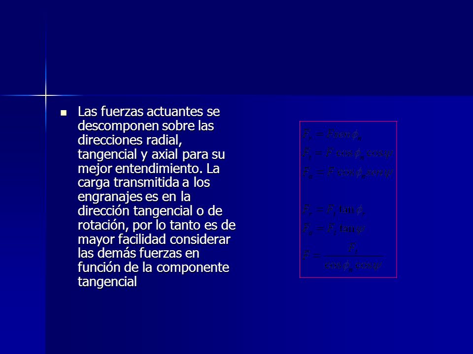 Las fuerzas actuantes se descomponen sobre las direcciones radial, tangencial y axial para su mejor entendimiento.