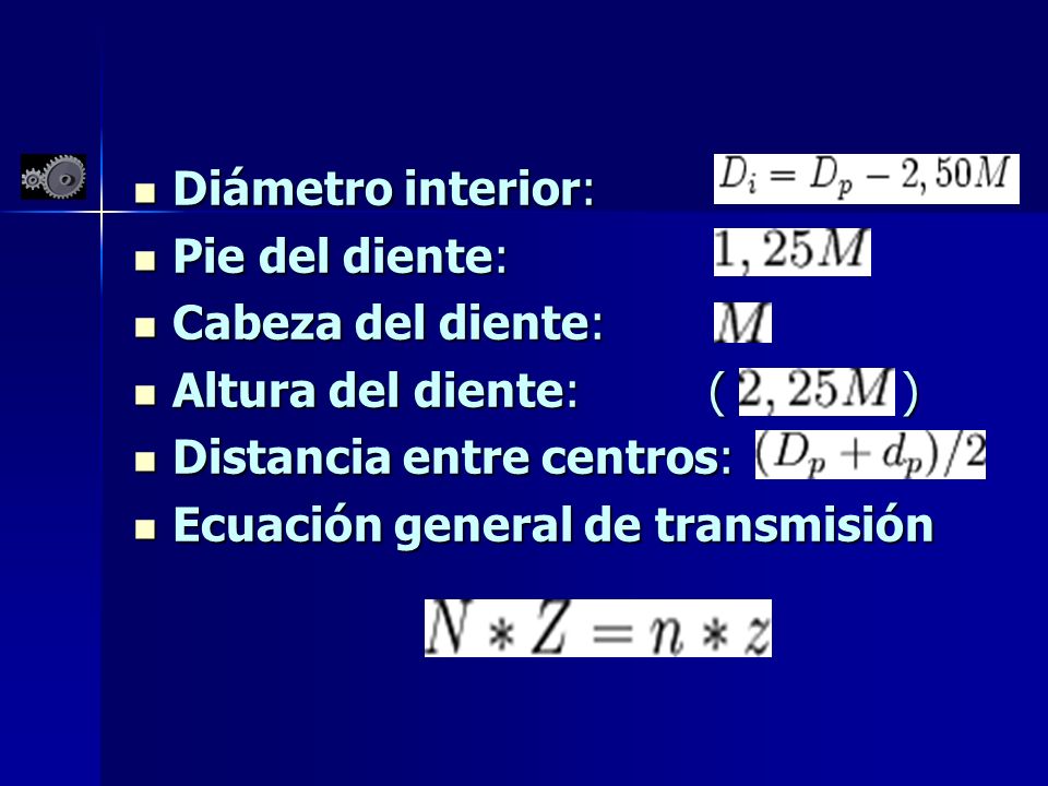 Diámetro interior: Pie del diente: Cabeza del diente: Altura del diente: ( ) Distancia entre centros: