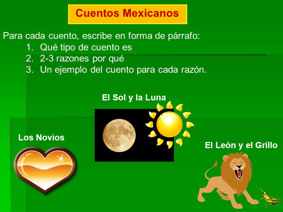 Cuentos Mexicanos Para cada cuento, escribe en forma de párrafo: