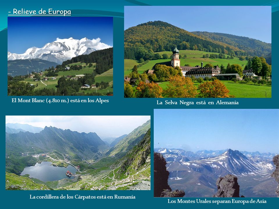 - Relieve de Europa El Mont Blanc (4.810 m.) está en los Alpes