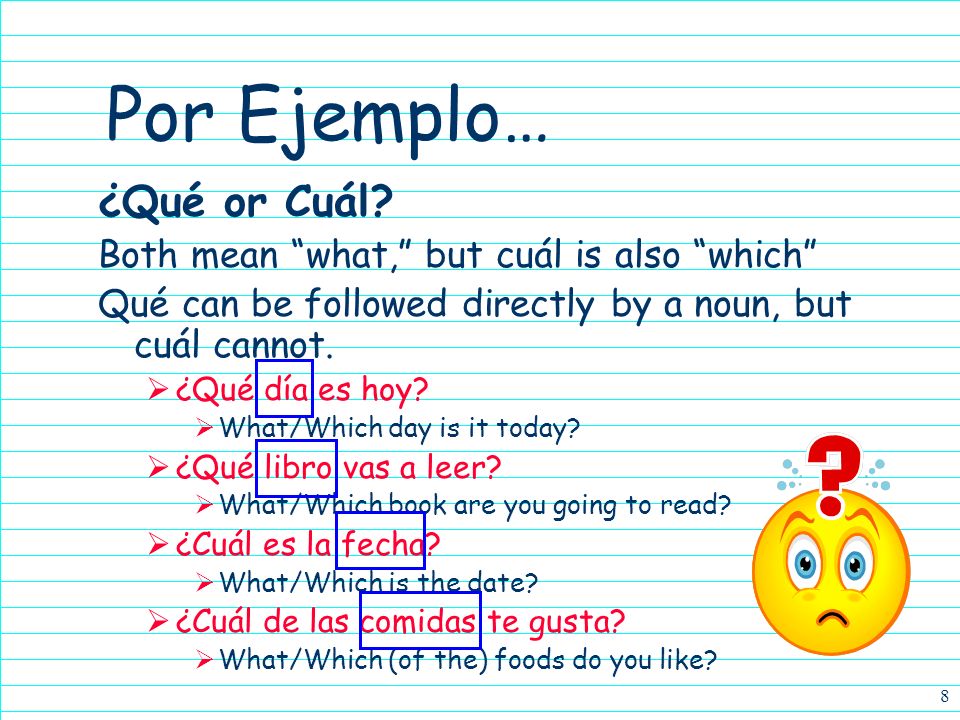 Por Ejemplo… ¿Qué or Cuál Both mean what, but cuál is also which