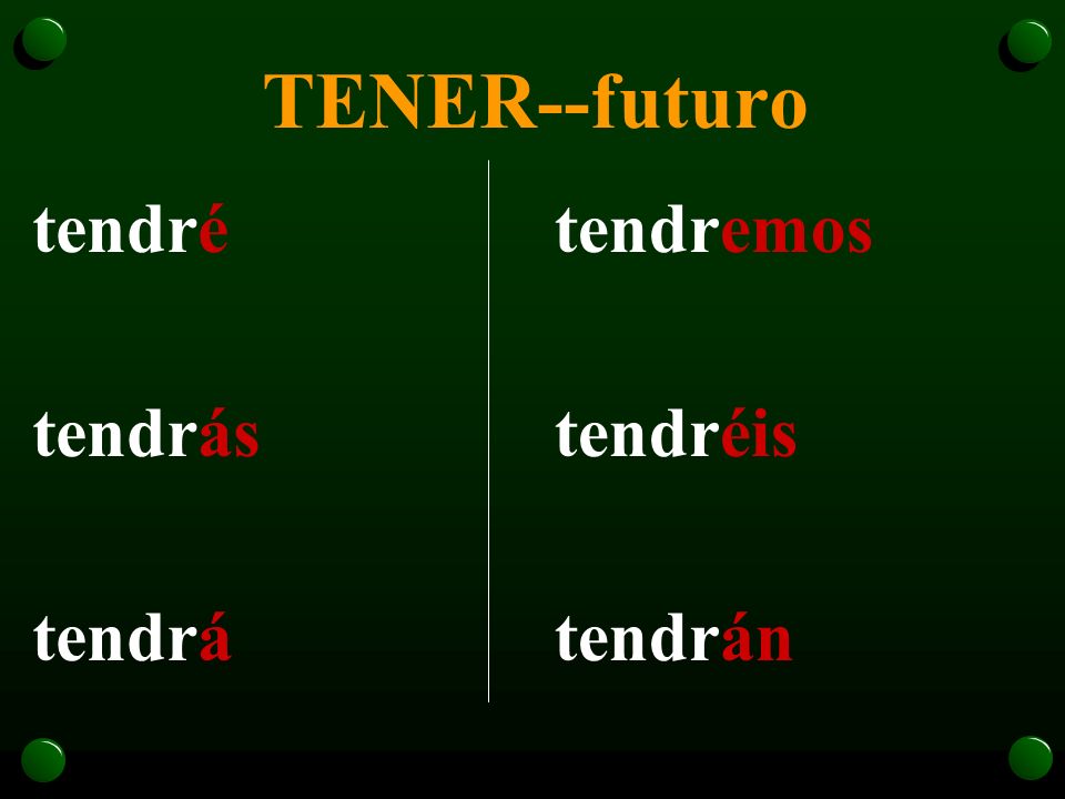 TENER--futuro tendré tendrás tendrá tendremos tendréis tendrán