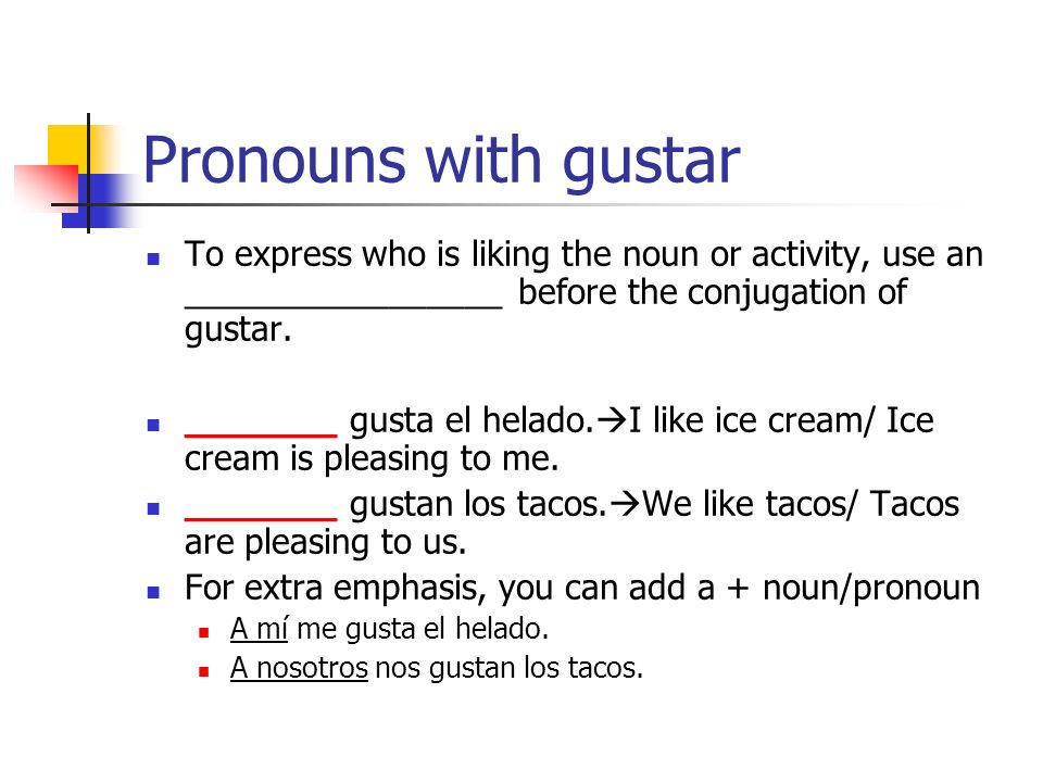 Pronouns with gustar To express who is liking the noun or activity, use an _________________ before the conjugation of gustar.