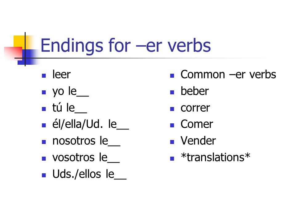 Endings for –er verbs leer yo le__ tú le__ él/ella/Ud. le__