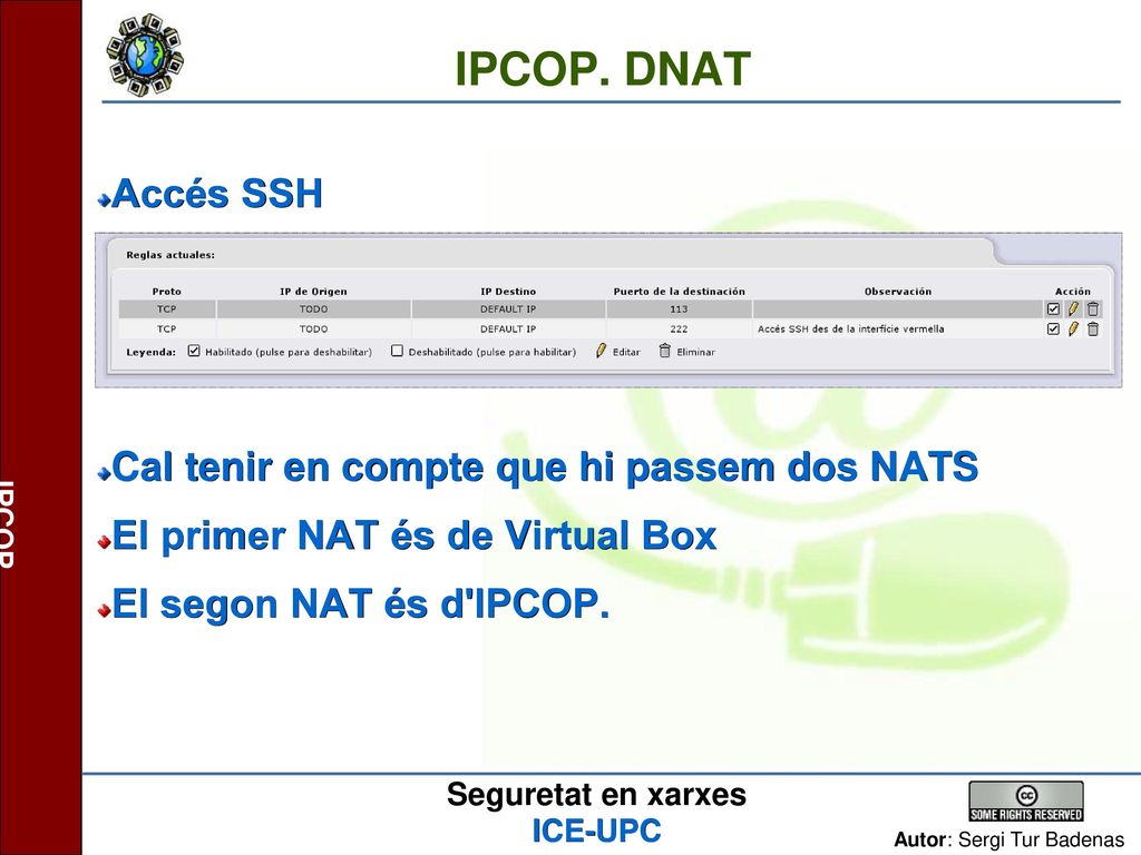 IPCOP. DNAT Accés SSH Cal tenir en compte que hi passem dos NATS