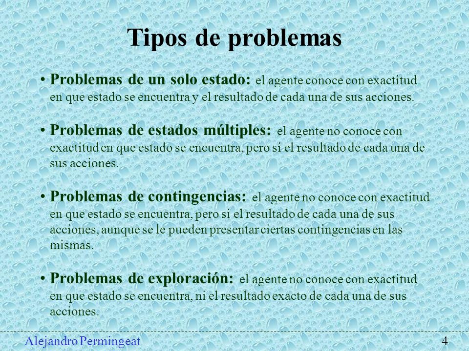 Tipos de problemas Problemas de un solo estado: el agente conoce con exactitud en que estado se encuentra y el resultado de cada una de sus acciones.