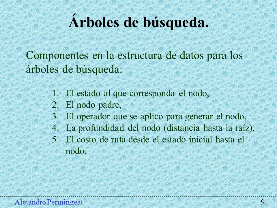 Árboles de búsqueda. Componentes en la estructura de datos para los árboles de búsqueda: El estado al que corresponda el nodo,