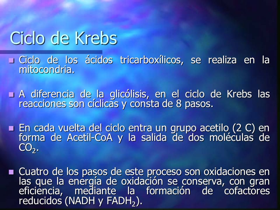 Ciclo de Krebs Ciclo de los ácidos tricarboxílicos, se realiza en la mitocondria.