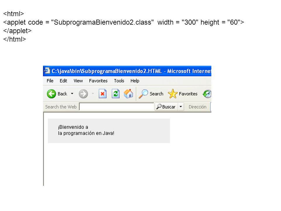 <html> <applet code = SubprogramaBienvenido2.class width = 300 height = 60 > </applet> </html>