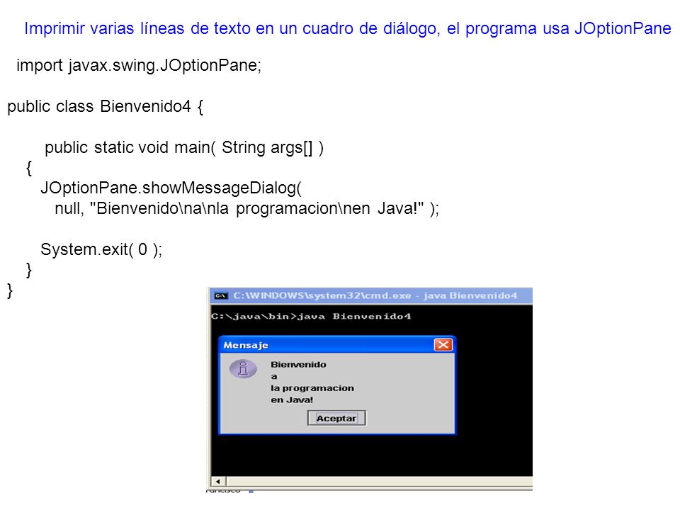 Imprimir varias líneas de texto en un cuadro de diálogo, el programa usa JOptionPane