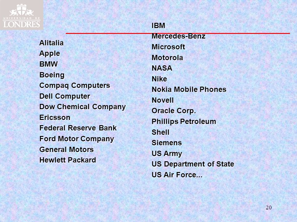 IBM Mercedes-Benz Microsoft Motorola NASA Nike Nokia Mobile Phones Novell Oracle Corp. Phillips Petroleum Shell Siemens US Army US Department of State US Air Force...