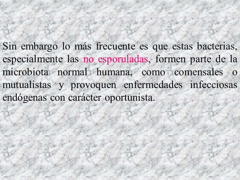 Sin embargo lo más frecuente es que estas bacterias, especialmente las no esporuladas, formen parte de la microbiota normal humana, como comensales o mutualistas y provoquen enfermedades infecciosas endógenas con carácter oportunista.