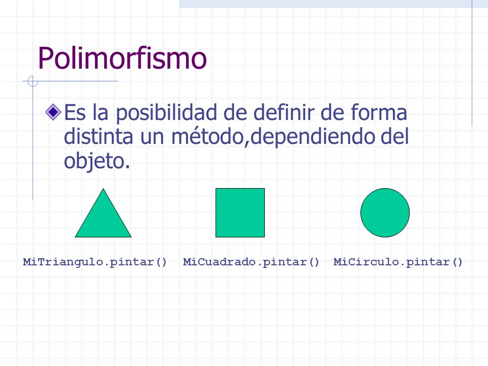 Polimorfismo Es la posibilidad de definir de forma distinta un método,dependiendo del objeto. MiTriangulo.pintar()