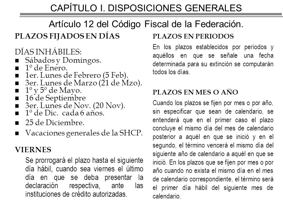 CAPÍTULO I. DISPOSICIONES GENERALES Artículo 12 del Código Fiscal de la Federación.