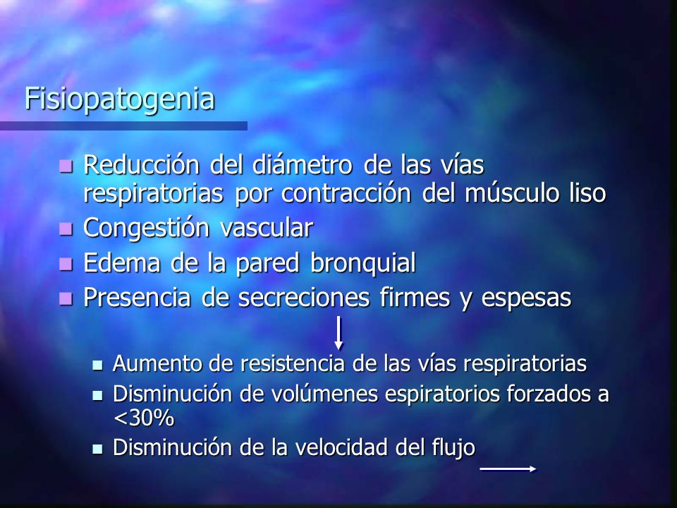 Fisiopatogenia Reducción del diámetro de las vías respiratorias por contracción del músculo liso. Congestión vascular.