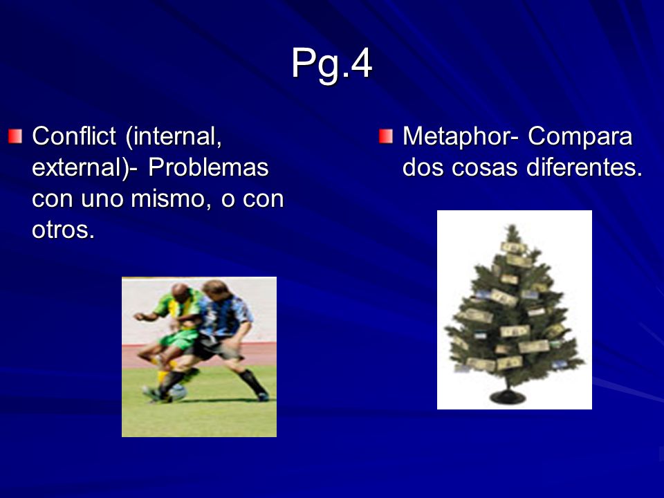 Pg.4 Conflict (internal, external)- Problemas con uno mismo, o con otros.