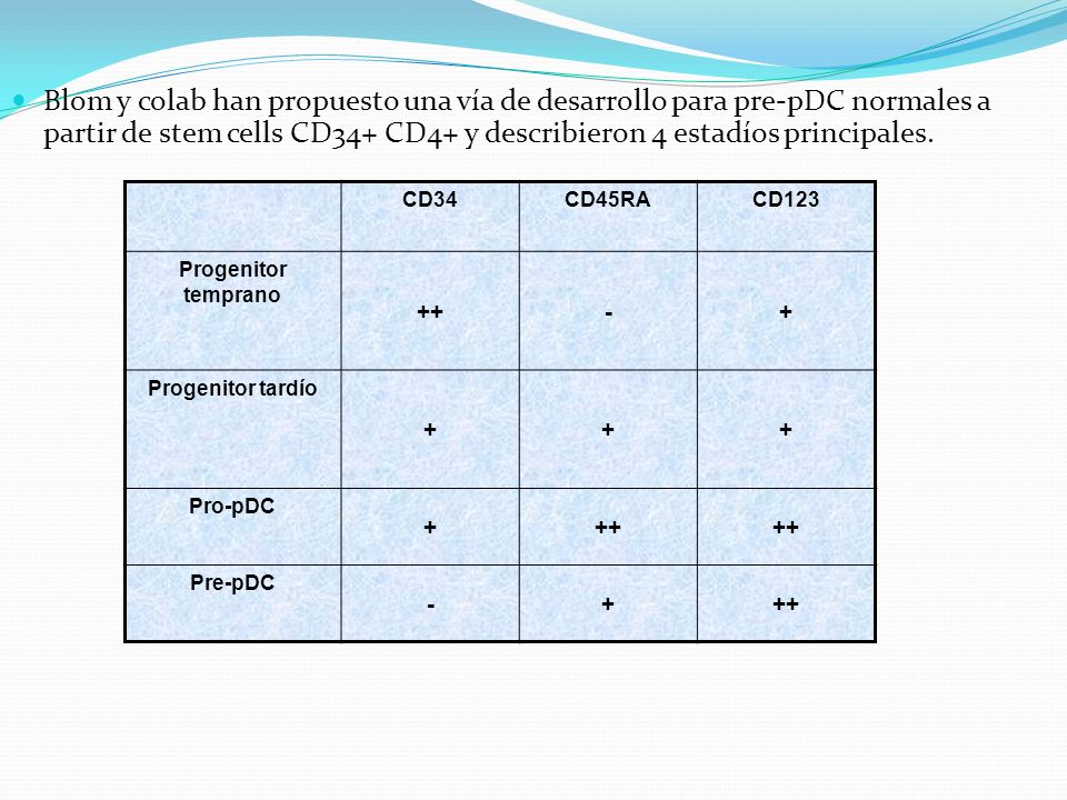 Blom y colab han propuesto una vía de desarrollo para pre-pDC normales a partir de stem cells CD34+ CD4+ y describieron 4 estadíos principales.