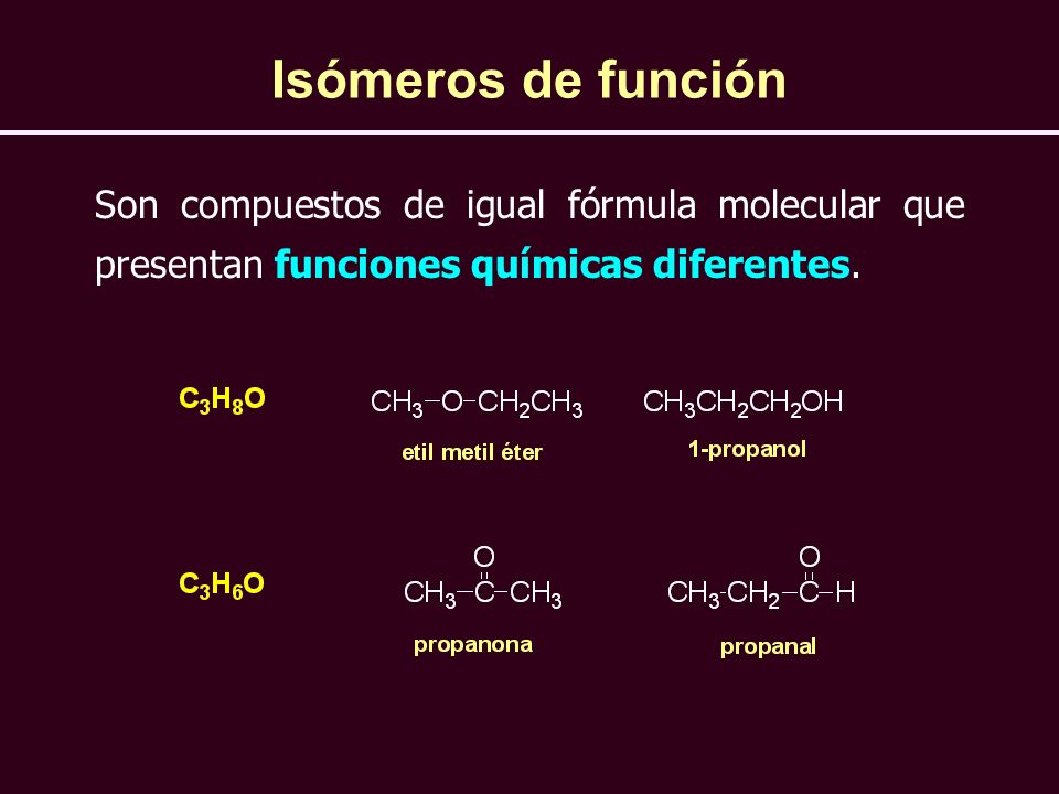 Isómeros de función Son compuestos de igual fórmula molecular que presentan funciones químicas diferentes.