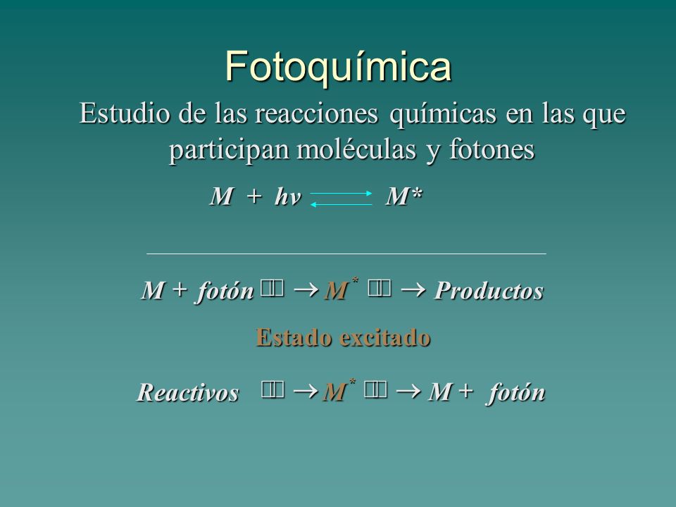 Fotoquímica Estudio de las reacciones químicas en las que participan moléculas y fotones. M + hv M*