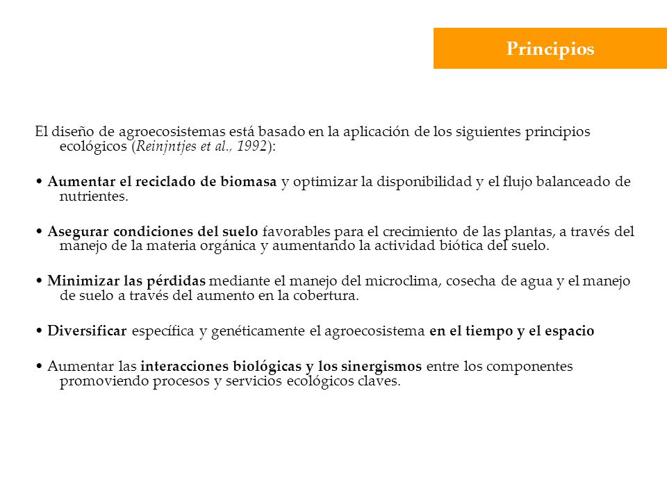 Principios El diseño de agroecosistemas está basado en la aplicación de los siguientes principios ecológicos (Reinjntjes et al., 1992):