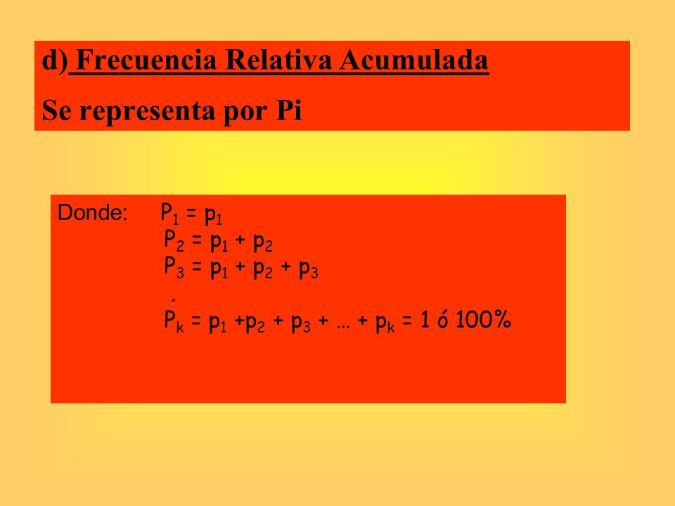 d) Frecuencia Relativa Acumulada Se representa por Pi