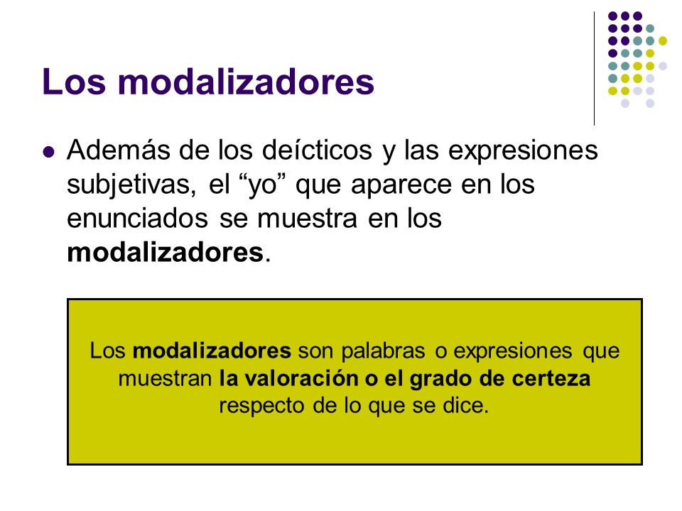 Los modalizadores Además de los deícticos y las expresiones subjetivas, el yo que aparece en los enunciados se muestra en los modalizadores.