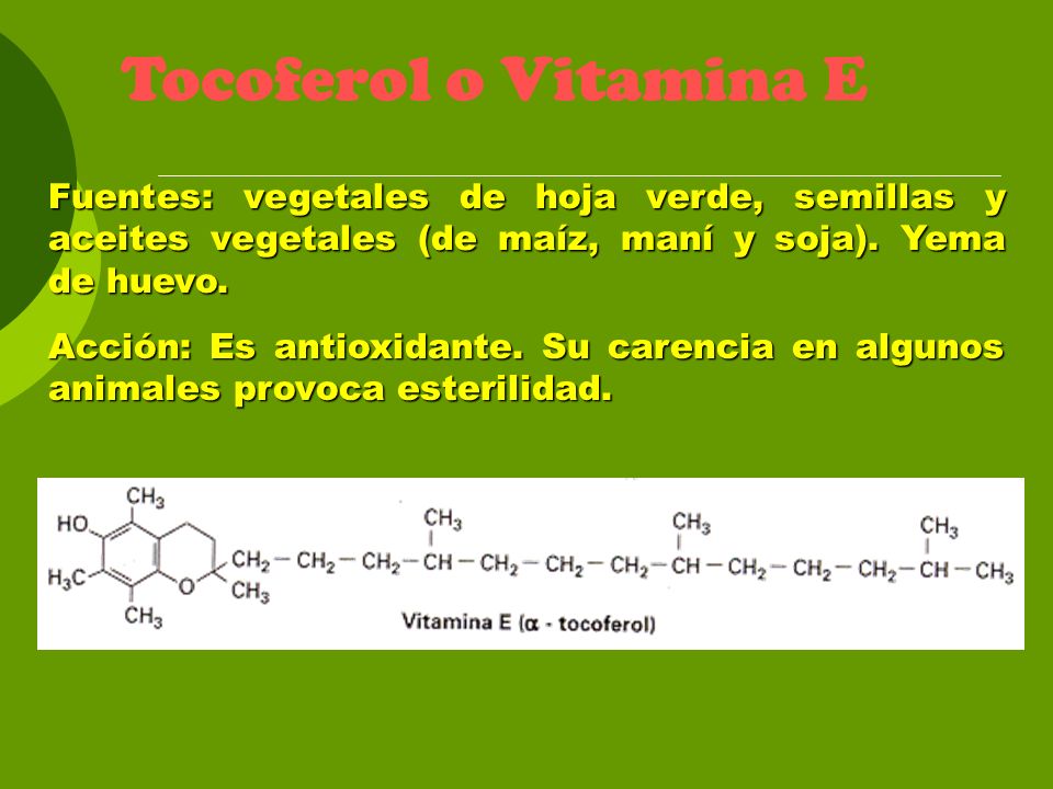 Tocoferol o Vitamina E Fuentes: vegetales de hoja verde, semillas y aceites vegetales (de maíz, maní y soja). Yema de huevo.