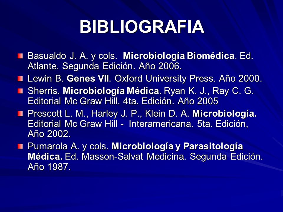 BIBLIOGRAFIA Basualdo J. A. y cols. Microbiología Biomédica. Ed. Atlante. Segunda Edición. Año