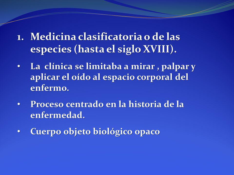 Medicina clasificatoria o de las especies (hasta el siglo XVIII).