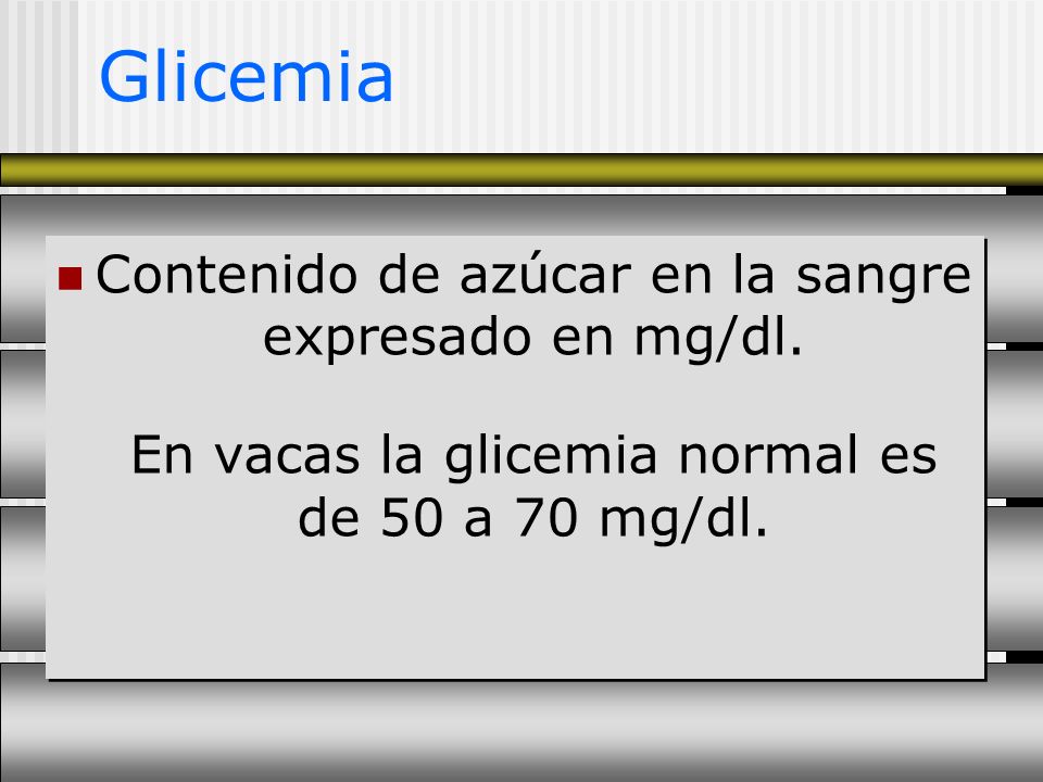 Glicemia Contenido de azúcar en la sangre expresado en mg/dl.