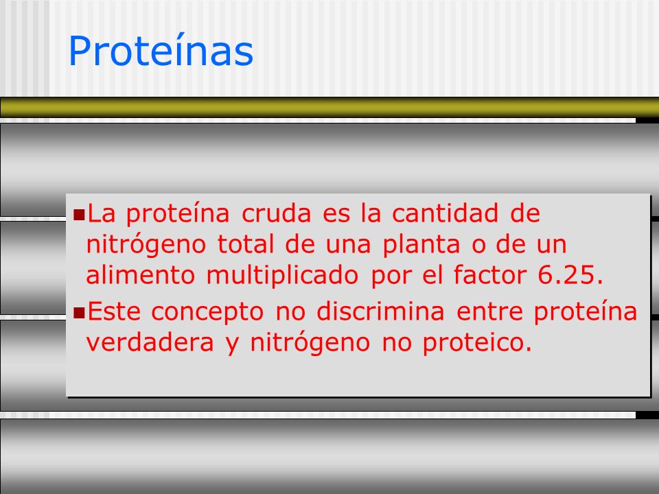 Proteínas La proteína cruda es la cantidad de nitrógeno total de una planta o de un alimento multiplicado por el factor