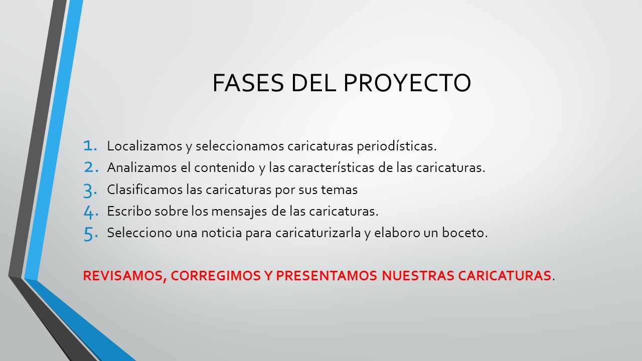 FASES DEL PROYECTO Localizamos y seleccionamos caricaturas periodísticas. Analizamos el contenido y las características de las caricaturas.