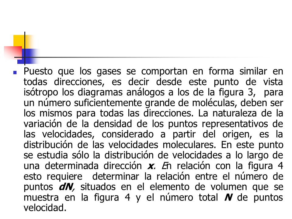 Puesto que los gases se comportan en forma similar en todas direcciones, es decir desde este punto de vista isótropo los diagramas análogos a los de la figura 3, para un número suficientemente grande de moléculas, deben ser los mismos para todas las direcciones.