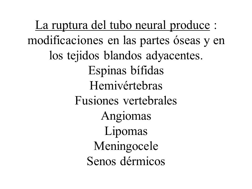 La ruptura del tubo neural produce : modificaciones en las partes óseas y en los tejidos blandos adyacentes.