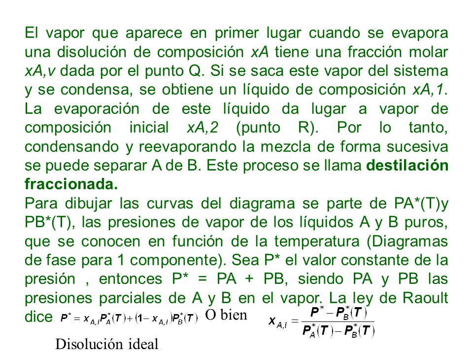 El vapor que aparece en primer lugar cuando se evapora una disolución de composición xA tiene una fracción molar xA,v dada por el punto Q. Si se saca este vapor del sistema y se condensa, se obtiene un líquido de composición xA,1. La evaporación de este líquido da lugar a vapor de composición inicial xA,2 (punto R). Por lo tanto, condensando y reevaporando la mezcla de forma sucesiva se puede separar A de B. Este proceso se llama destilación fraccionada.