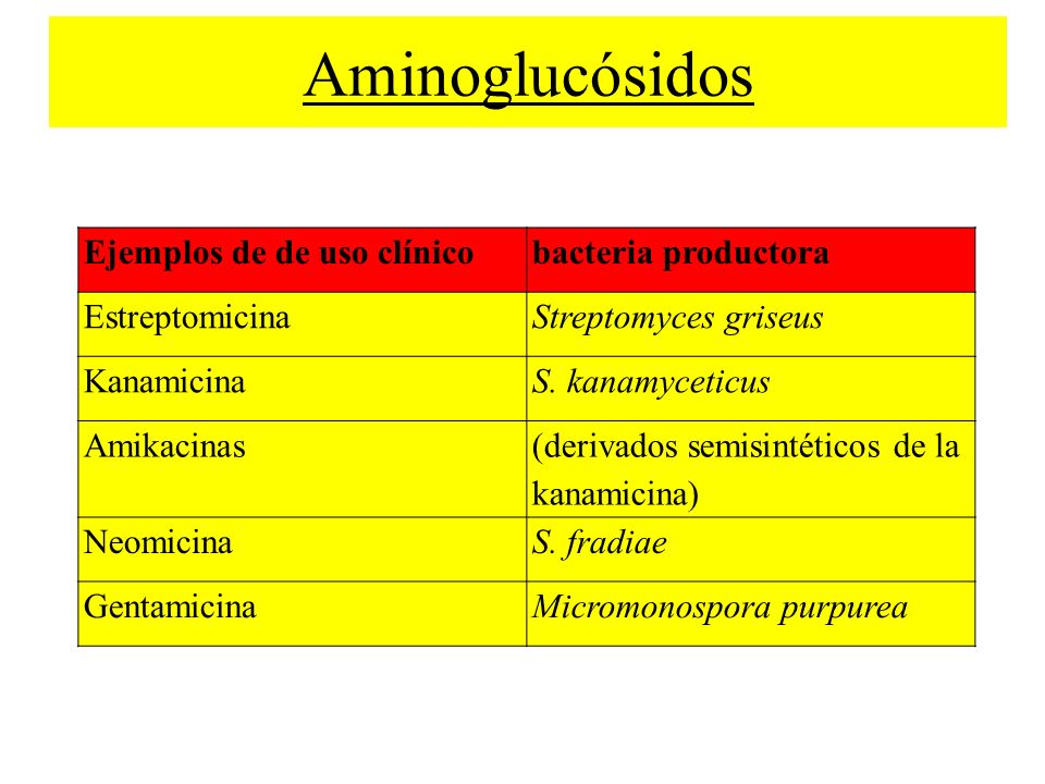 Aminoglucósidos Ejemplos de de uso clínico bacteria productora