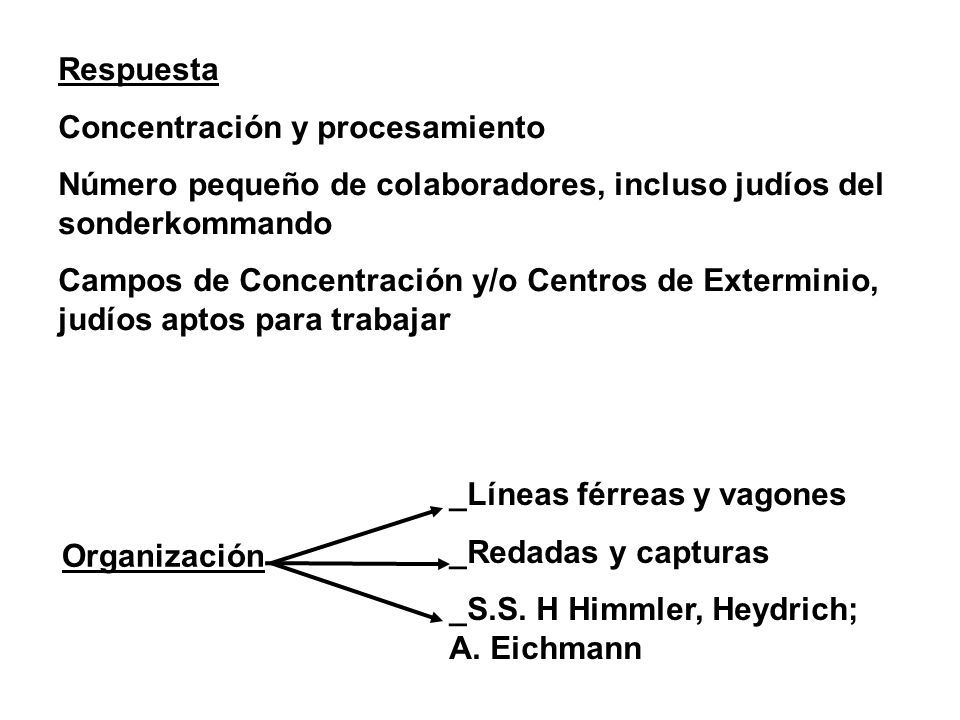 Respuesta Concentración y procesamiento. Número pequeño de colaboradores, incluso judíos del sonderkommando.