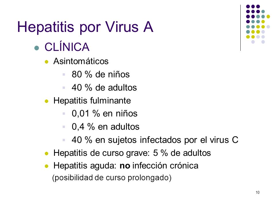 Hepatitis por Virus A CLÍNICA 80 % de niños 40 % de adultos