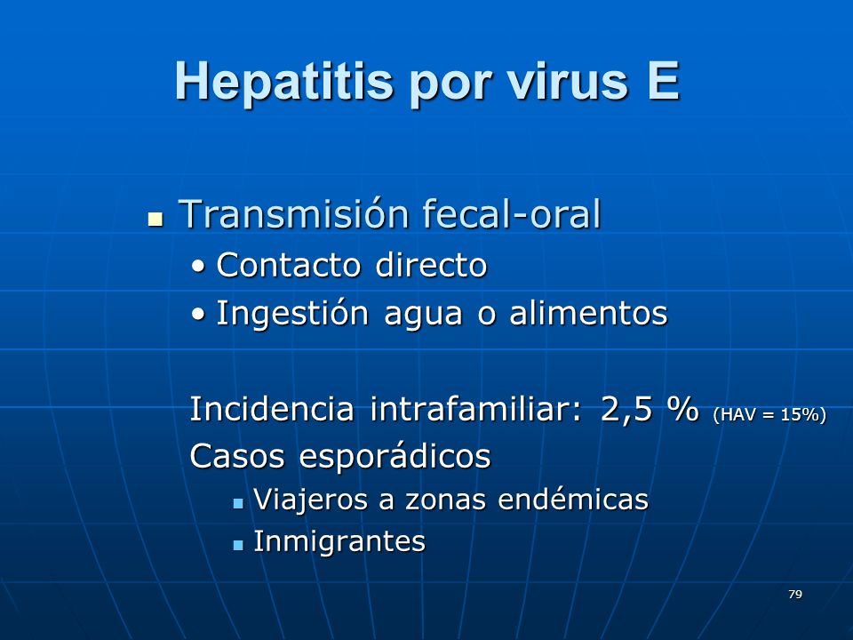Hepatitis por virus E Transmisión fecal-oral Contacto directo