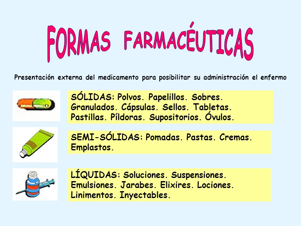 FORMAS FARMACÉUTICAS Presentación externa del medicamento para posibilitar su administración el enfermo.
