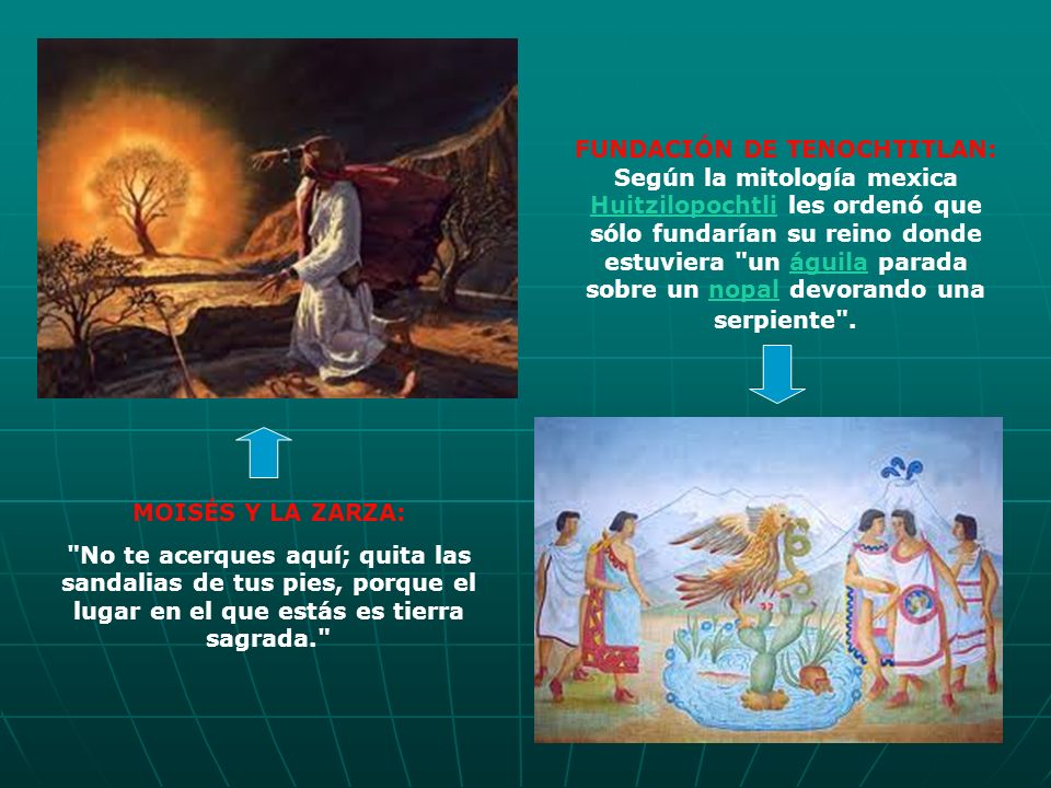 FUNDACIÓN DE TENOCHTITLAN: Según la mitología mexica Huitzilopochtli les ordenó que sólo fundarían su reino donde estuviera un águila parada sobre un nopal devorando una serpiente .