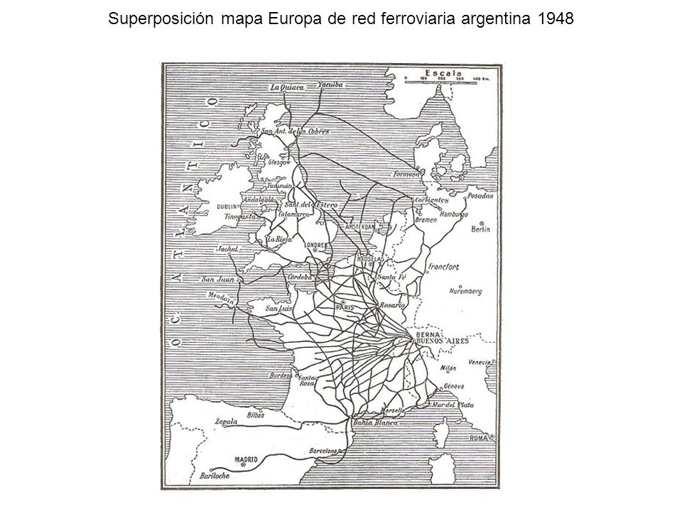 Superposición mapa Europa de red ferroviaria argentina 1948