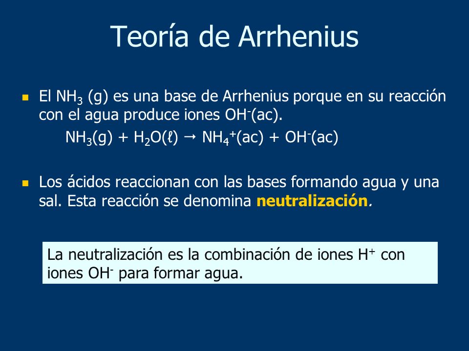 Teoría de Arrhenius El NH3 (g) es una base de Arrhenius porque en su reacción con el agua produce iones OH-(ac).
